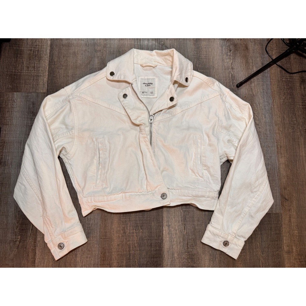 Abercrombie & Fitch Womens White Denim Moto Jacket Cropped Zip Up Small